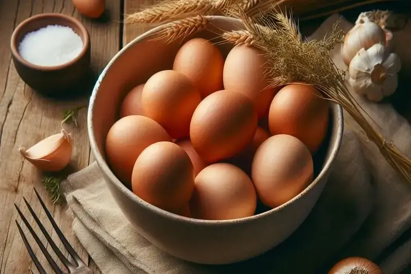 Un hombre sosteniendo una cubeta de huevos de gallina libre de jaula.