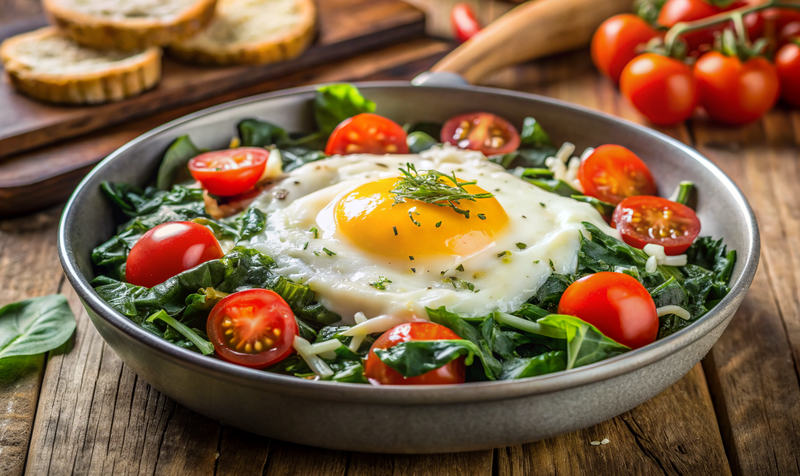 Nido de huevos con espinaca acompañado de tomates