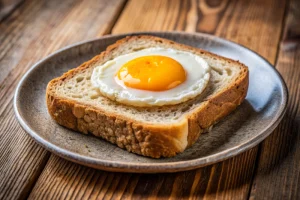 Desayuno de huevos en una tajada de pan