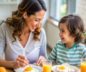 Madre e hijo desayunando huevos