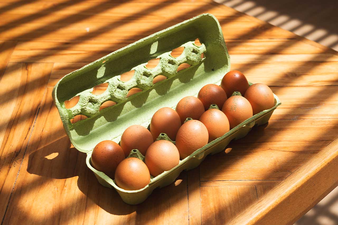 Una docena de huevos marrones en un cartón de color verde claro, colocado sobre una mesa de madera