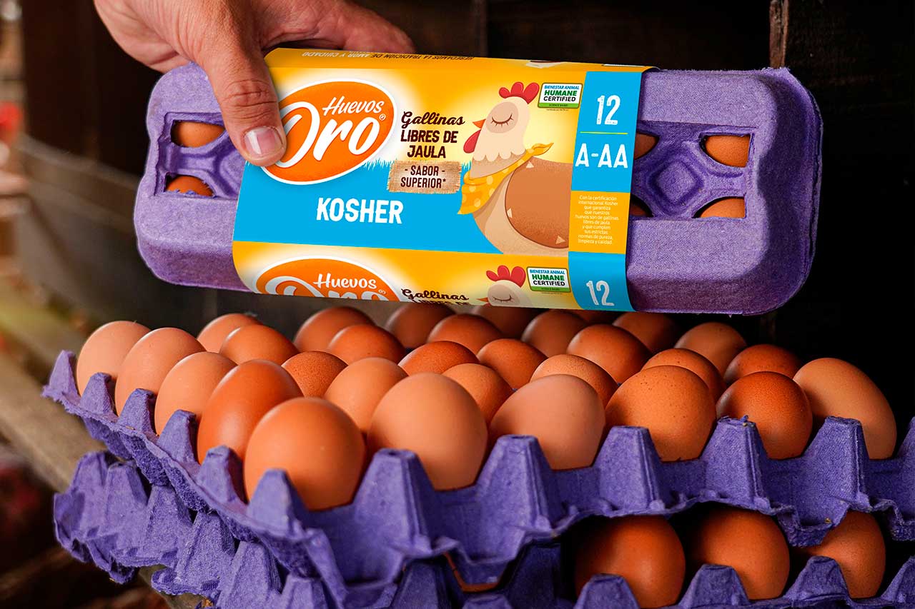 Empaque de 12 Huevos Oro Kosher, de gallinas libres de jaula, con sello de bienestar animal sobre una mesa de madera.