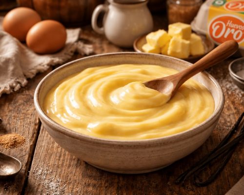 Crema pastelera casera y cremosa en un tazón