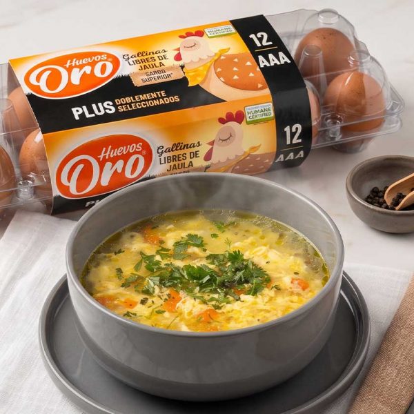 Plato de sopa casera humeante con verduras y huevo
