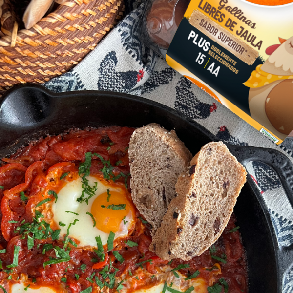 hakshuka con huevos sobre salsa de tomate y pan